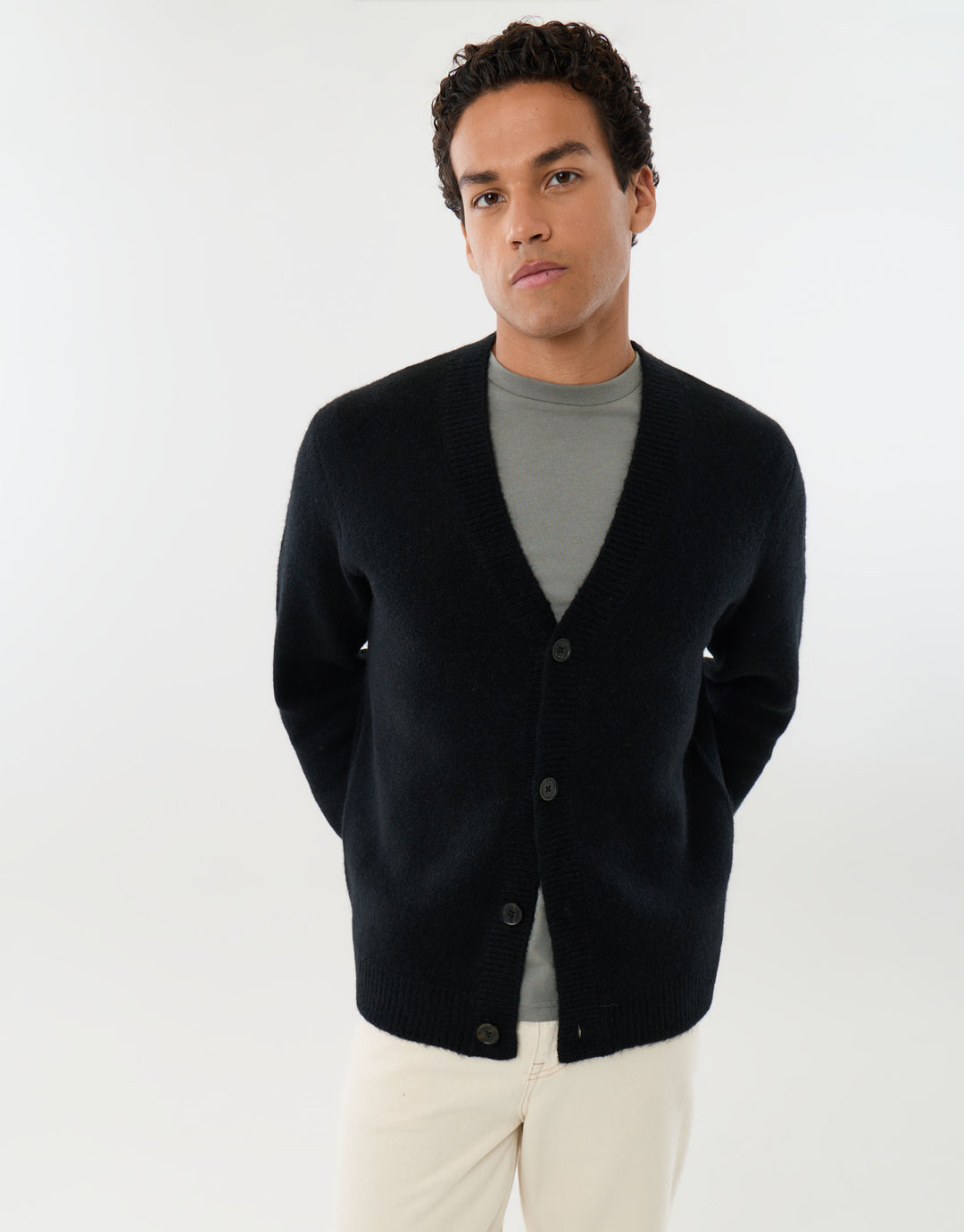 Relaxed Fit Wool Blend V Neck Cardigan in Black