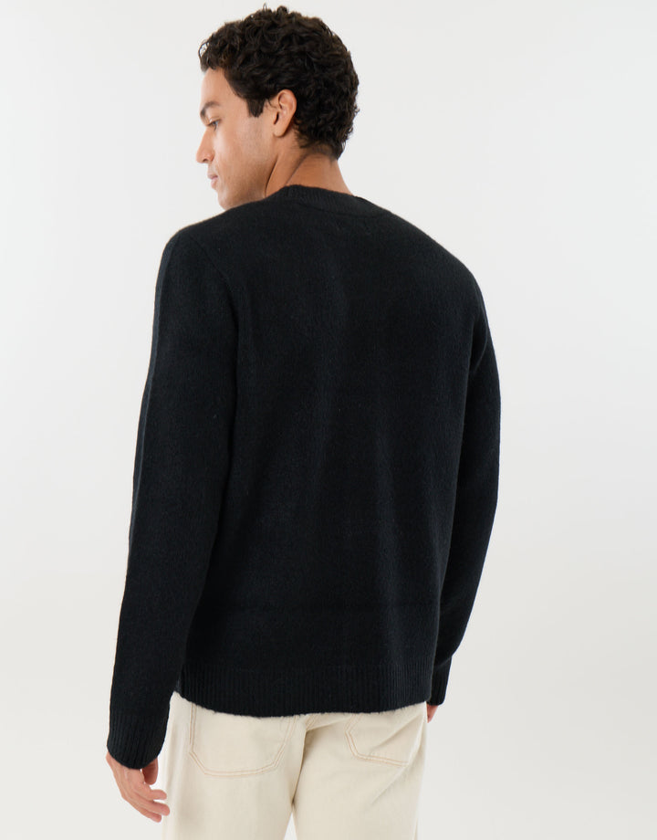 Relaxed Fit Wool Blend V Neck Cardigan in Black