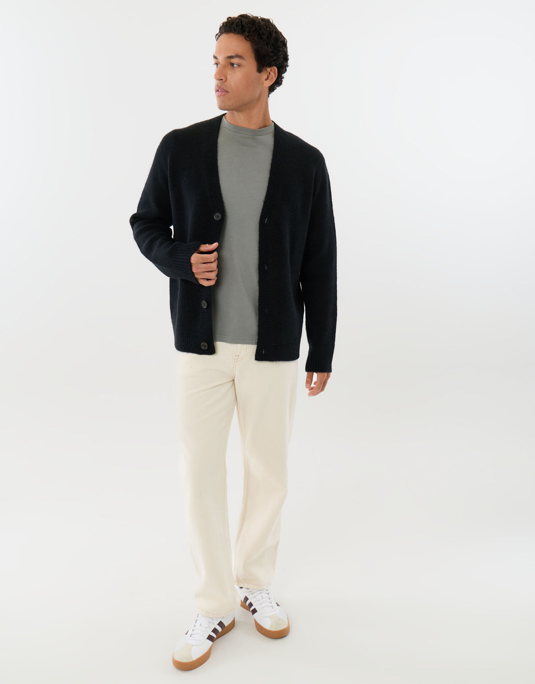 Relaxed Fit Wool Blend V Neck Cardigan in Black