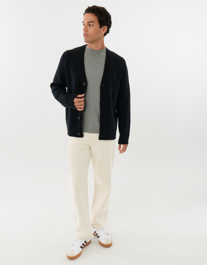Relaxed Fit Wool Blend V Neck Cardigan in Black