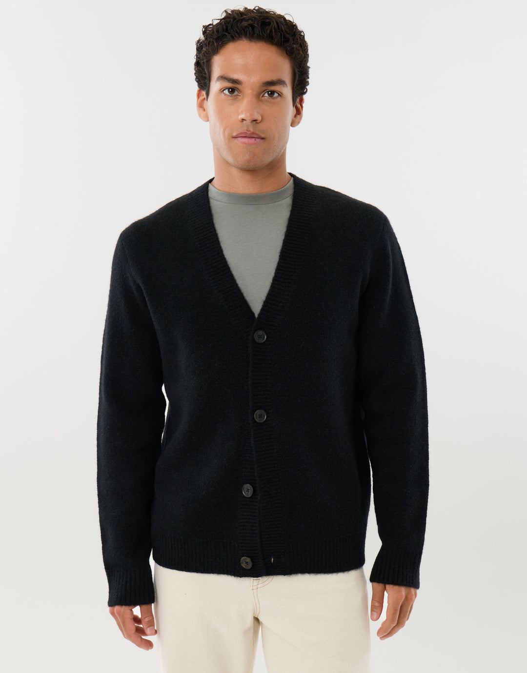 Relaxed Fit Wool Blend V Neck Cardigan in Black