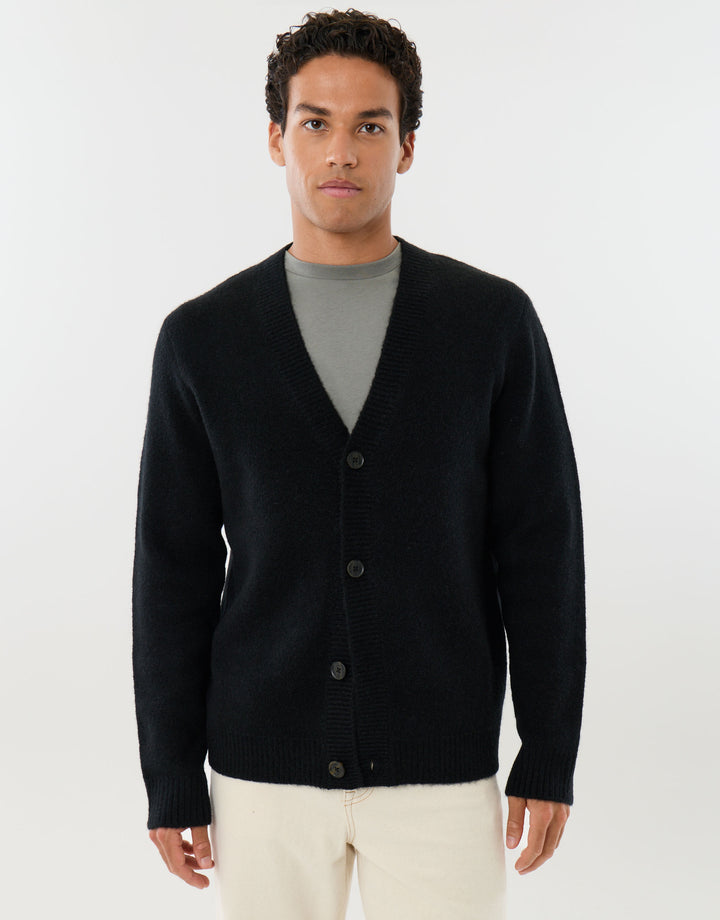 Relaxed Fit Wool Blend V Neck Cardigan in Black