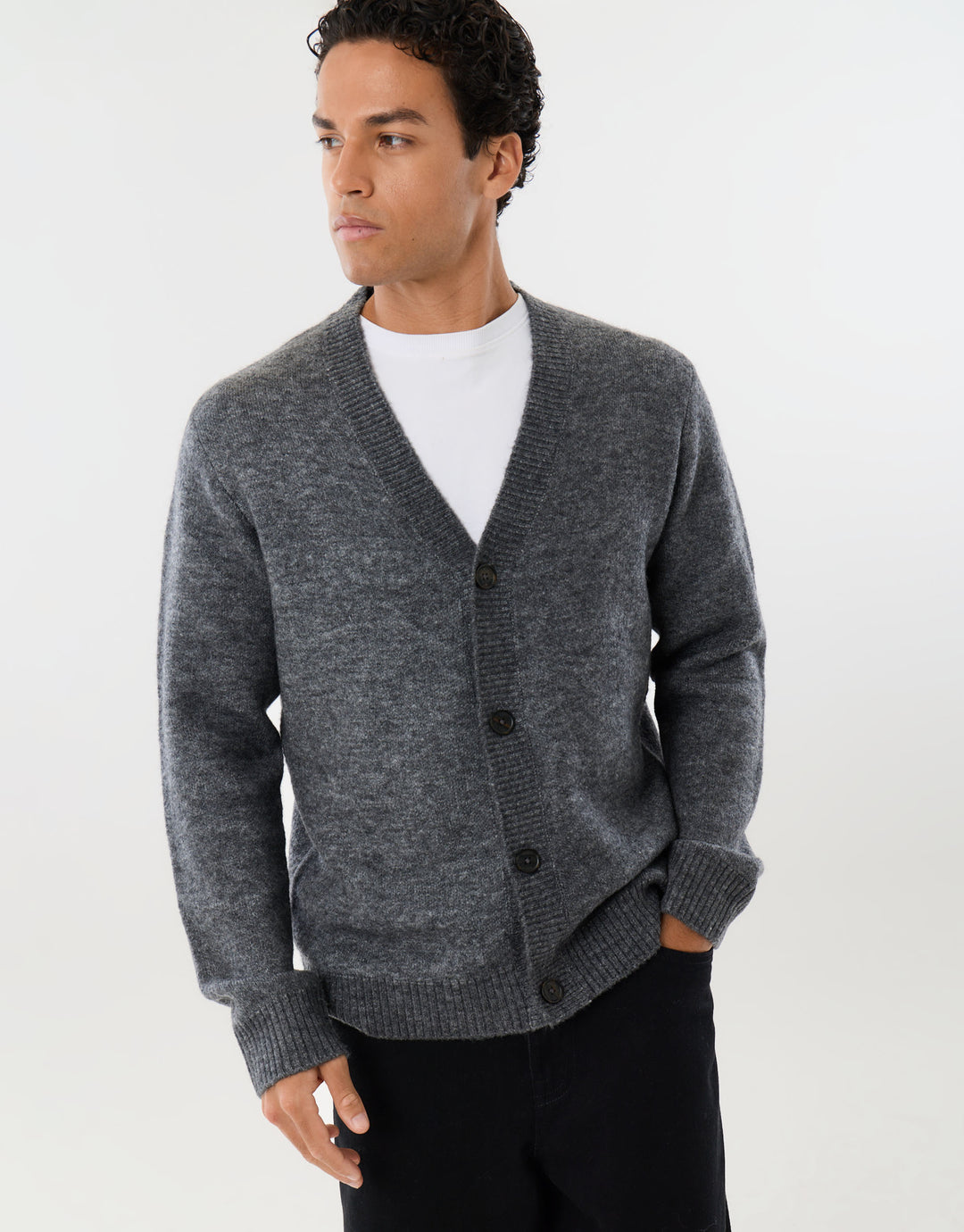 Relaxed Fit Wool Blend V Neck Cardigan in Charcoal