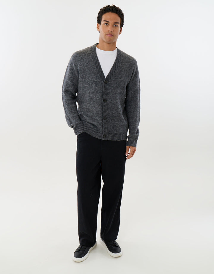 Relaxed Fit Wool Blend V Neck Cardigan in Charcoal