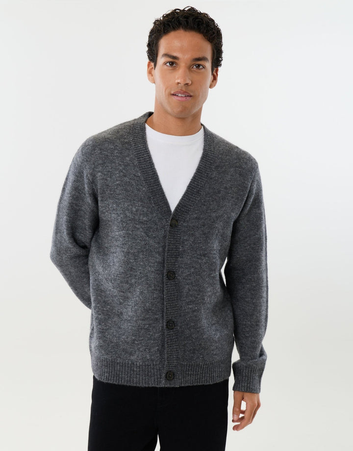 Relaxed Fit Wool Blend V Neck Cardigan in Charcoal