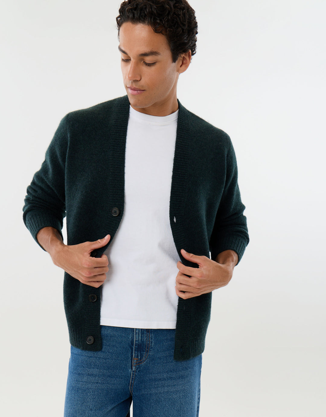 Relaxed Fit Wool Blend V Neck Cardigan in Forest Green