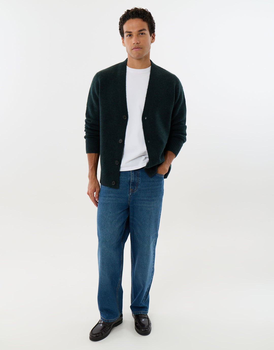 Relaxed Fit Wool Blend V Neck Cardigan in Forest Green