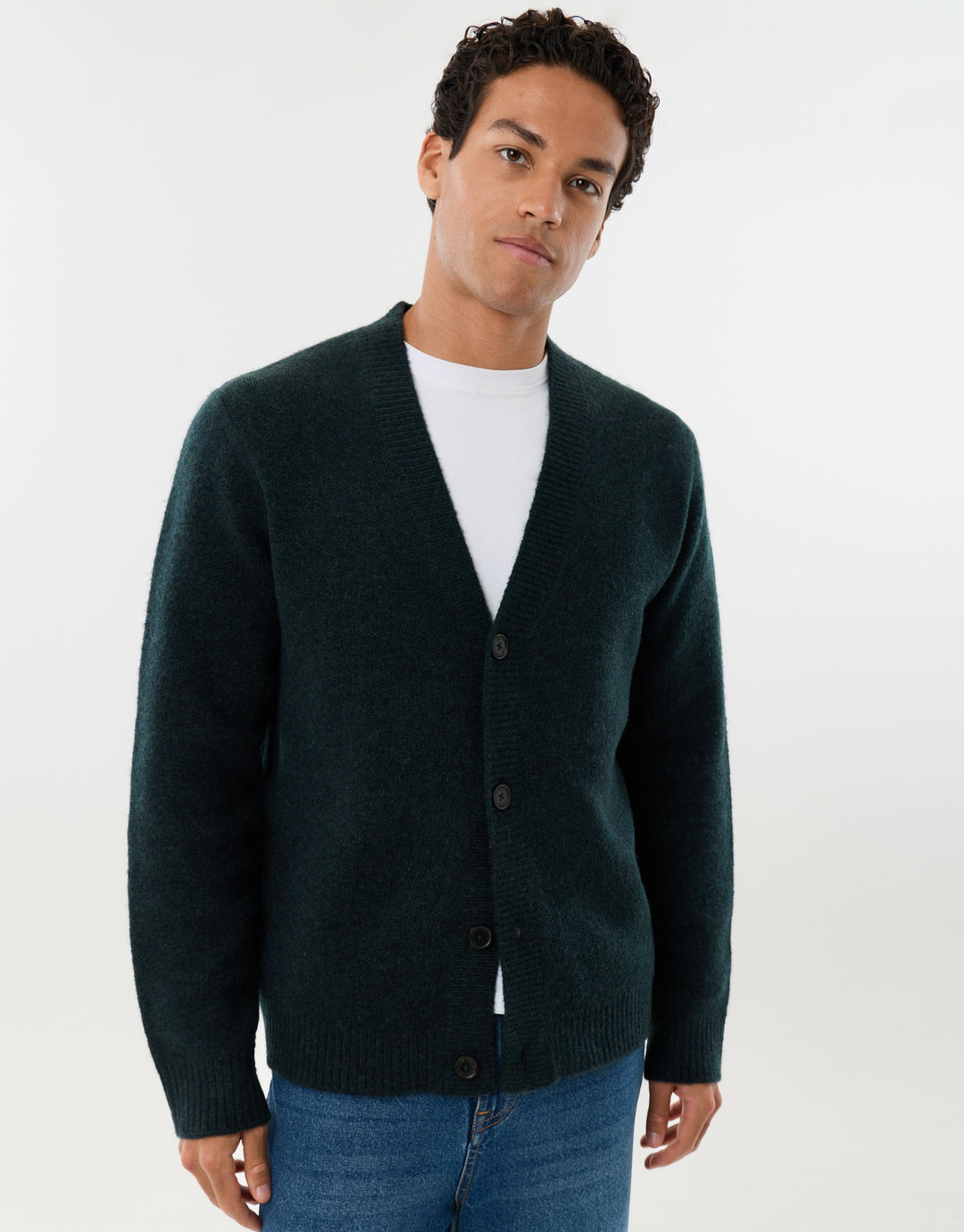 Relaxed Fit Wool Blend V Neck Cardigan in Forest Green