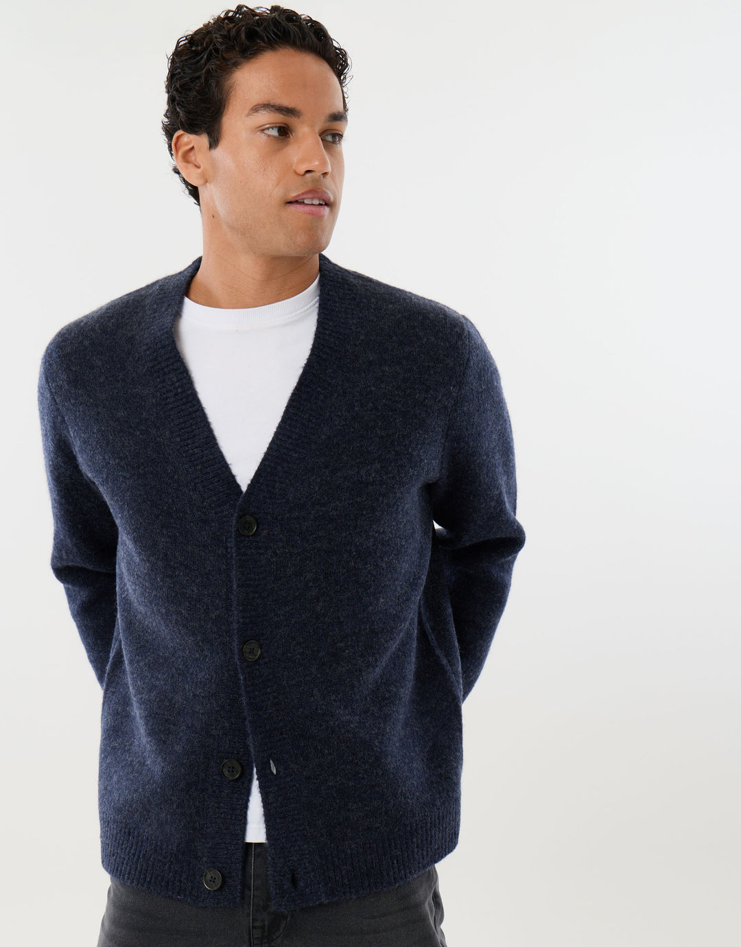Relaxed Fit Wool Blend V Neck Cardigan in Navy