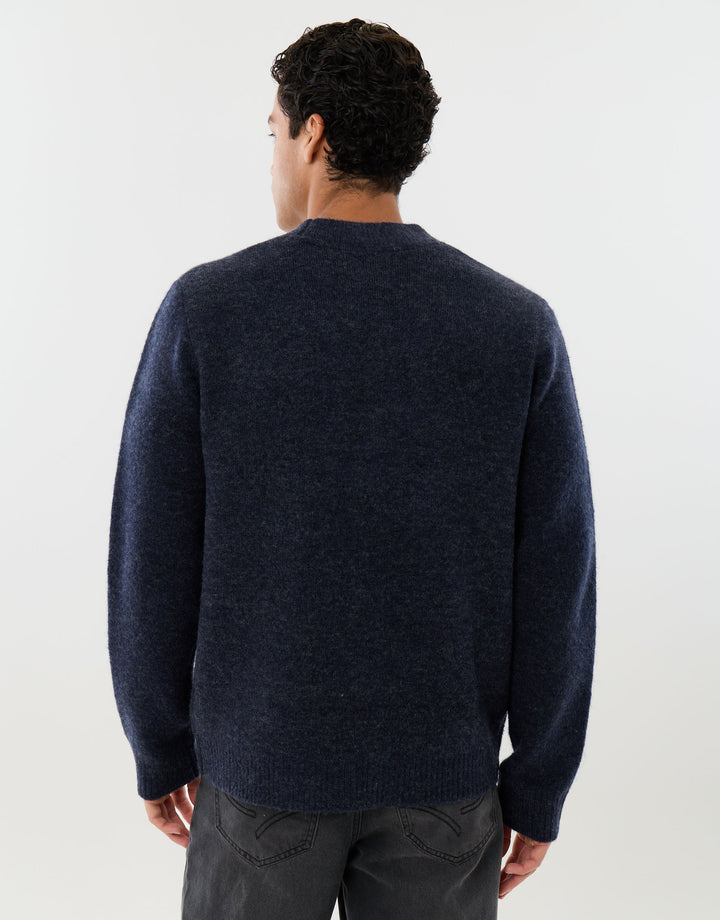 Relaxed Fit Wool Blend V Neck Cardigan in Navy