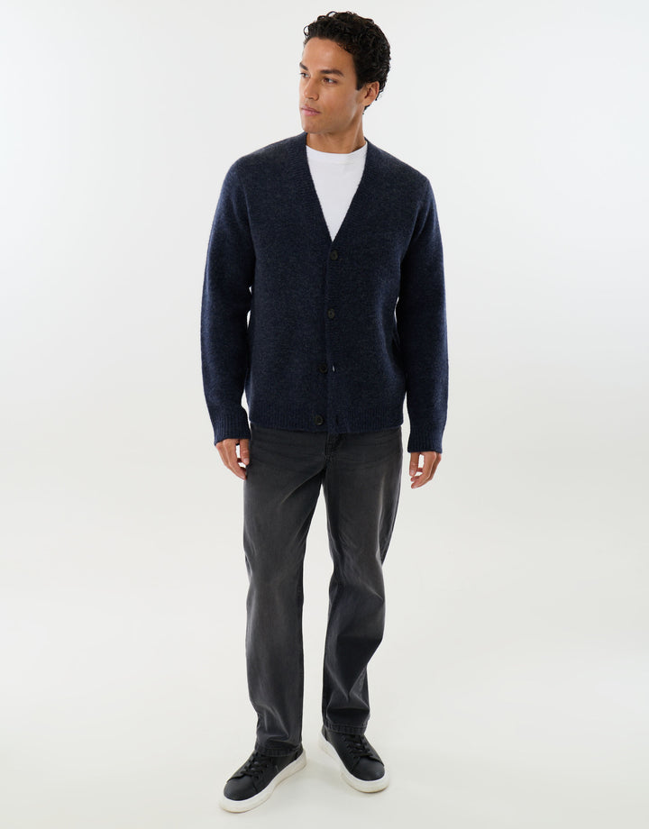 Relaxed Fit Wool Blend V Neck Cardigan in Navy