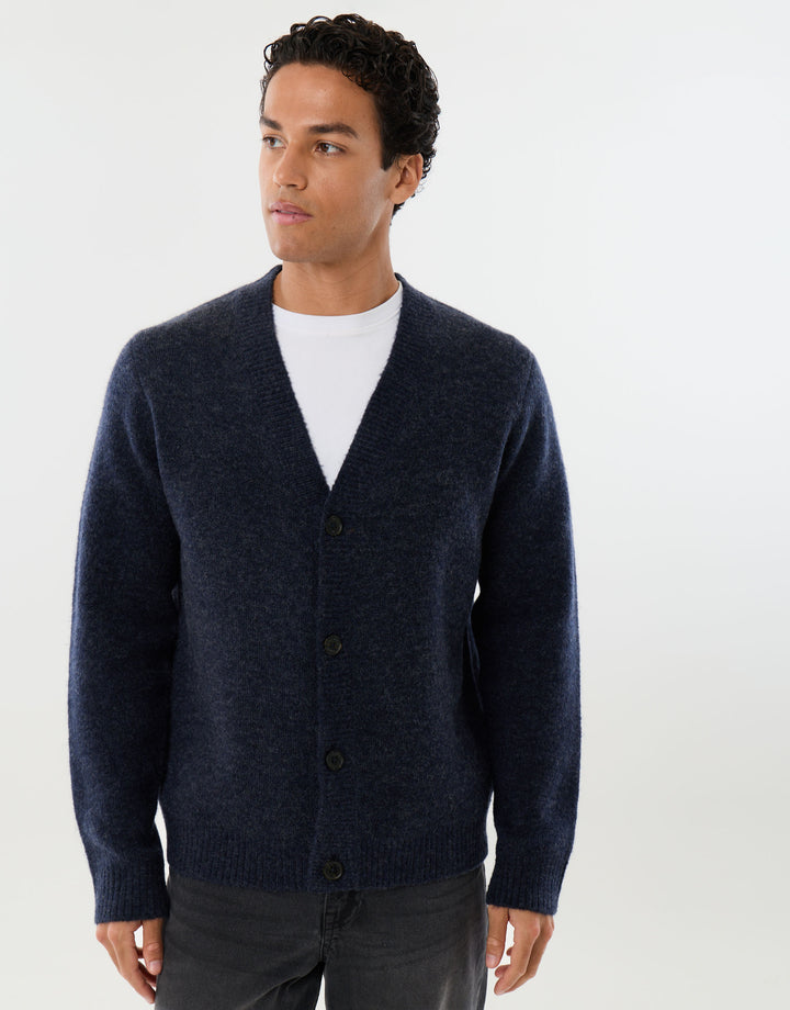 Relaxed Fit Wool Blend V Neck Cardigan in Navy
