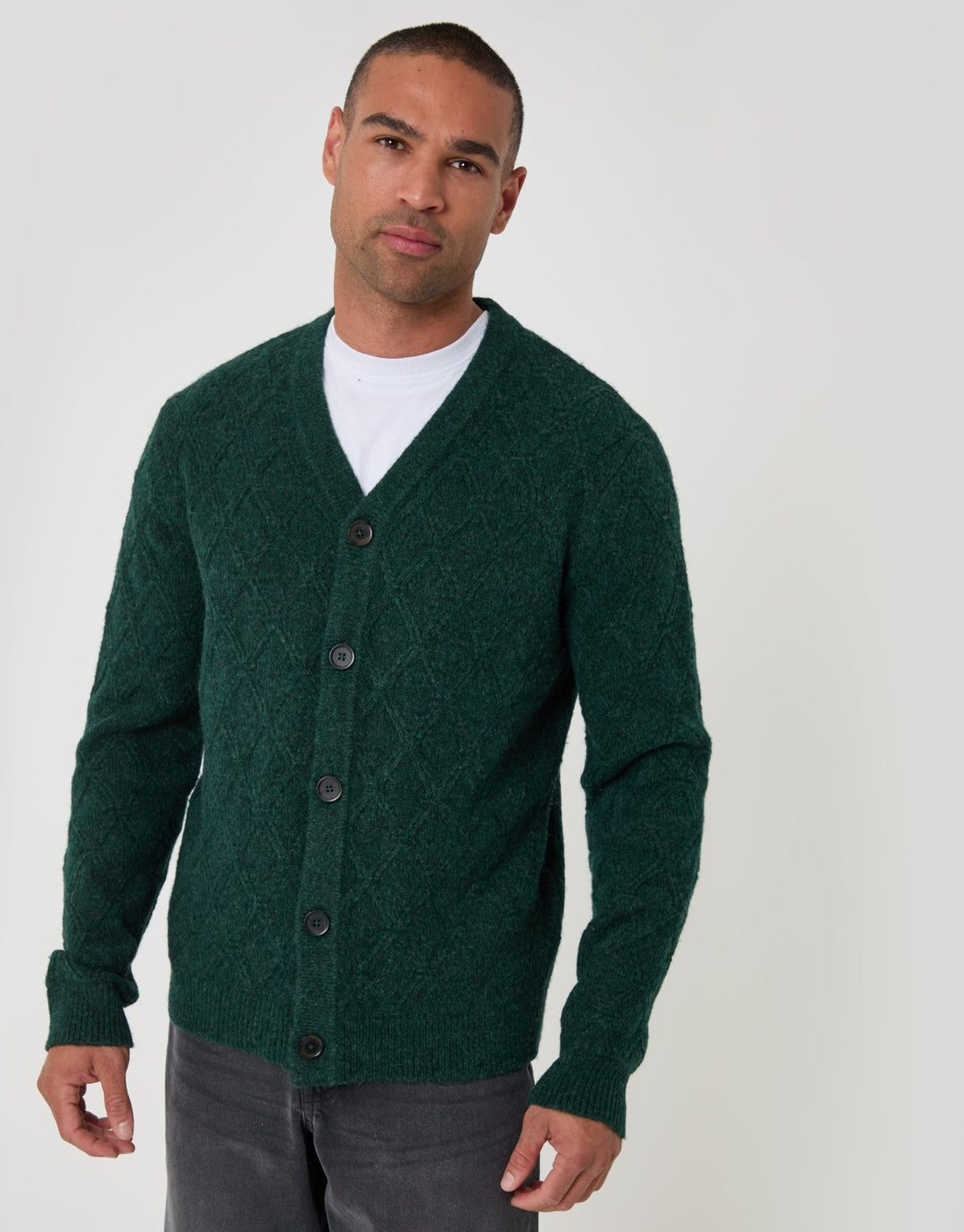 Diamond Cable Knit V Neck Cardigan in Forest Green