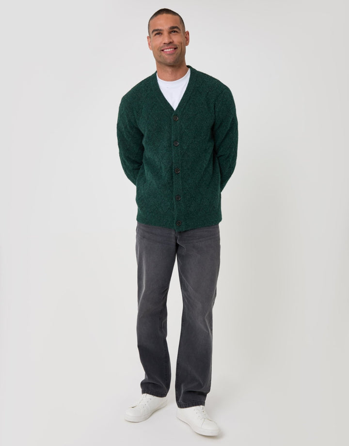Diamond Cable Knit V Neck Cardigan in Forest Green