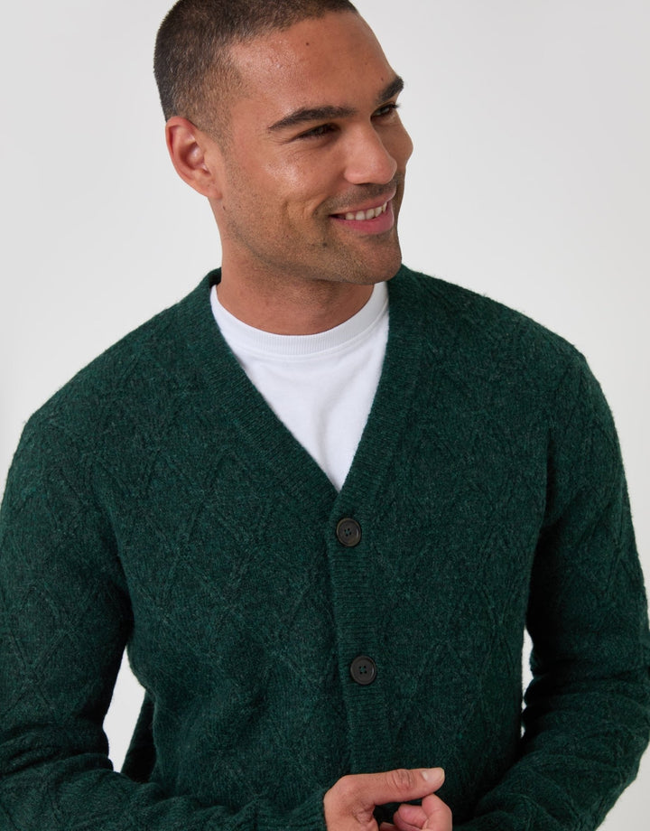 Diamond Cable Knit V Neck Cardigan in Forest Green