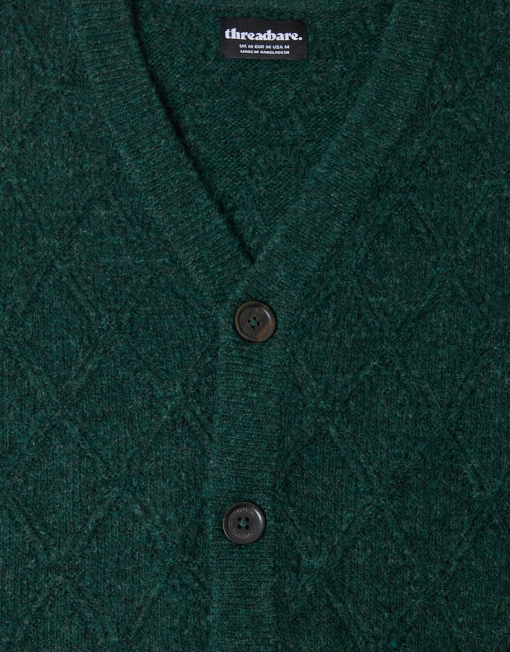 Diamond Cable Knit V Neck Cardigan in Forest Green