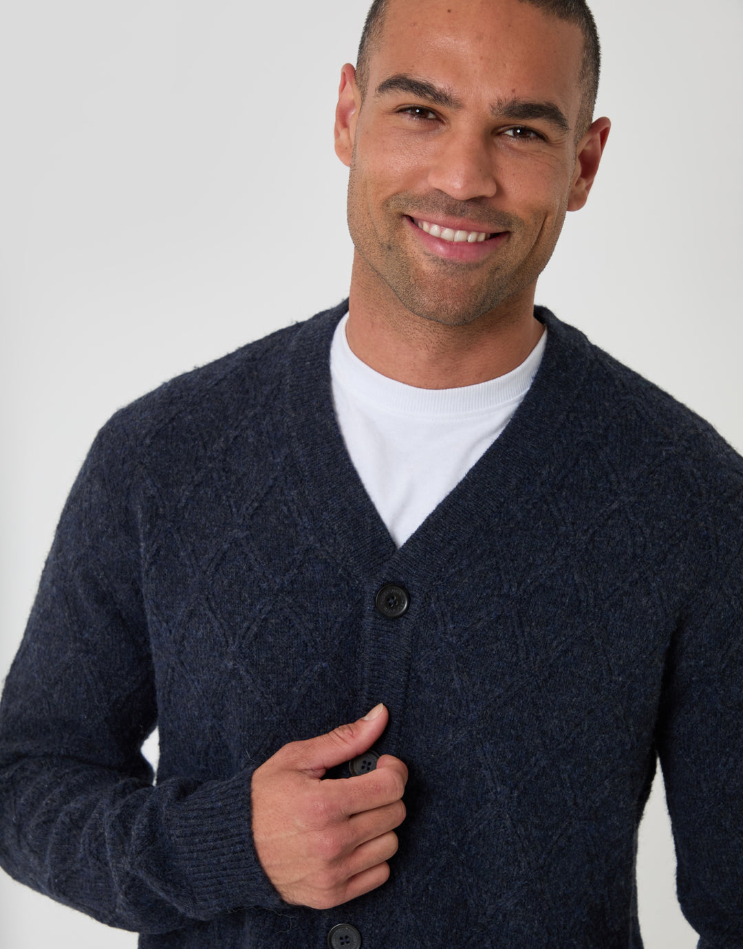 Diamond Cable Knit V Neck Cardigan in Navy