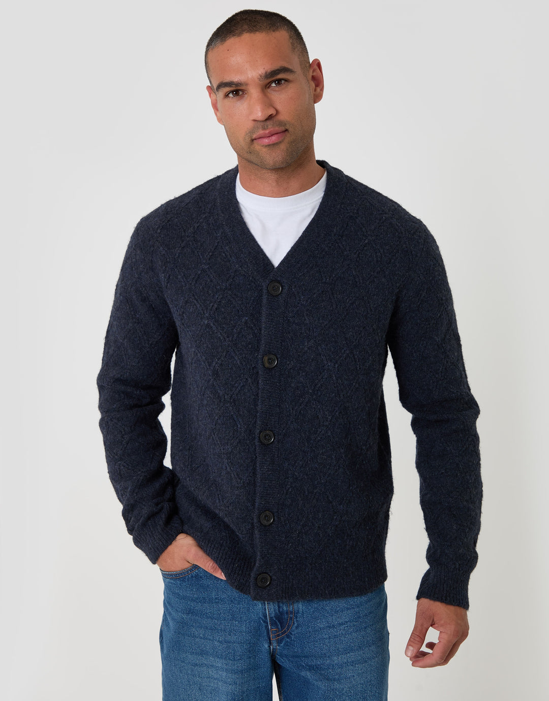 Diamond Cable Knit V Neck Cardigan in Navy