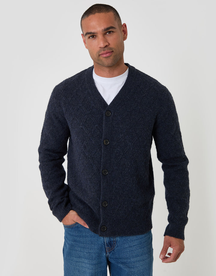 Diamond Cable Knit V Neck Cardigan in Navy