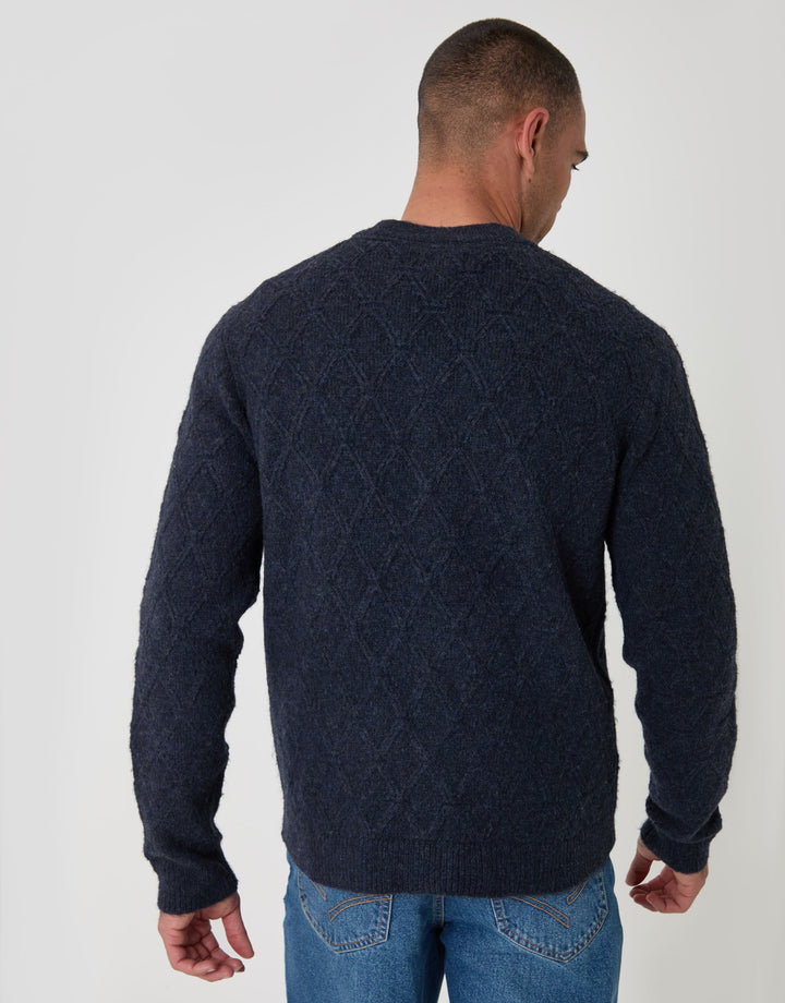 Diamond Cable Knit V Neck Cardigan in Navy