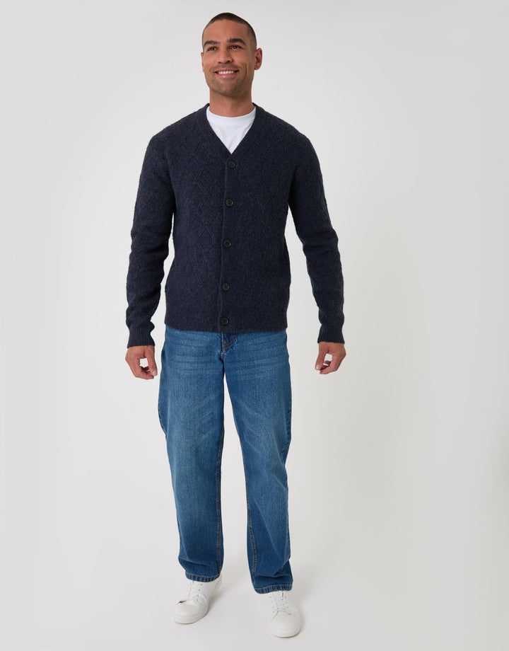 Diamond Cable Knit V Neck Cardigan in Navy