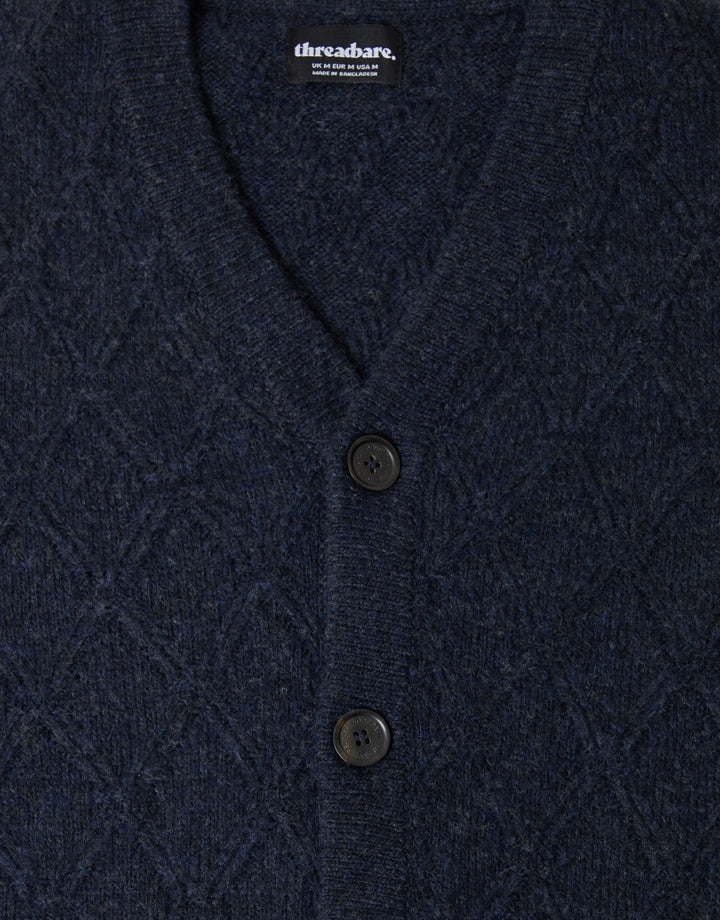 Diamond Cable Knit V Neck Cardigan in Navy