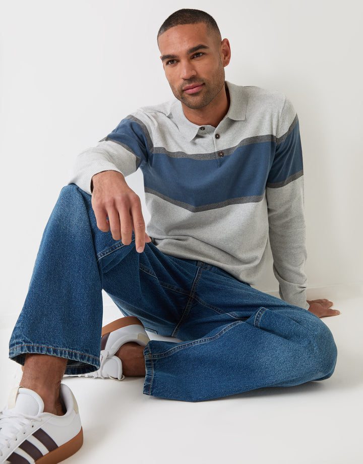 Threadbare Boxy Fit Cotton Rich Rugby Polo in Grey & Blue Stripe - sat down