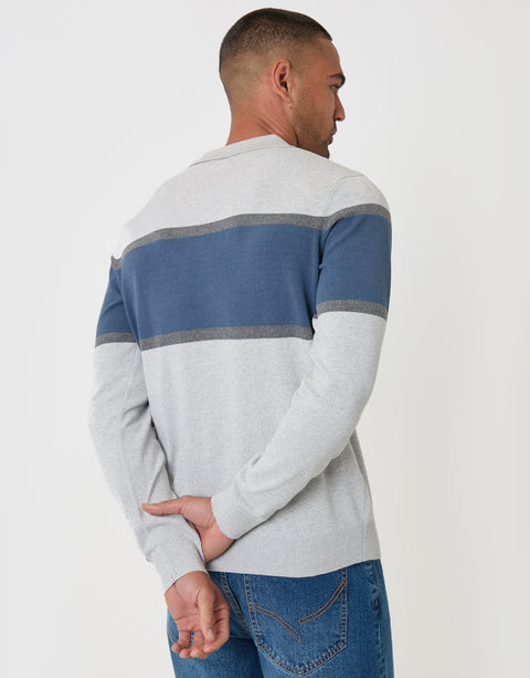 Threadbare Boxy Fit Cotton Rich Rugby Polo in Grey & Blue Stripe - back view