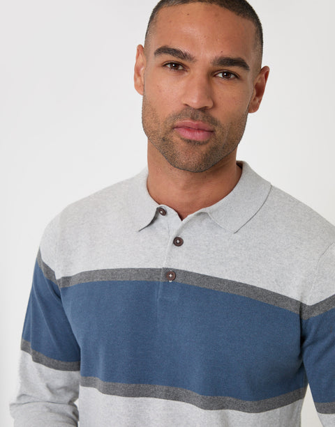 Threadbare Boxy Fit Cotton Rich Rugby Polo in Grey & Blue Stripe - front 