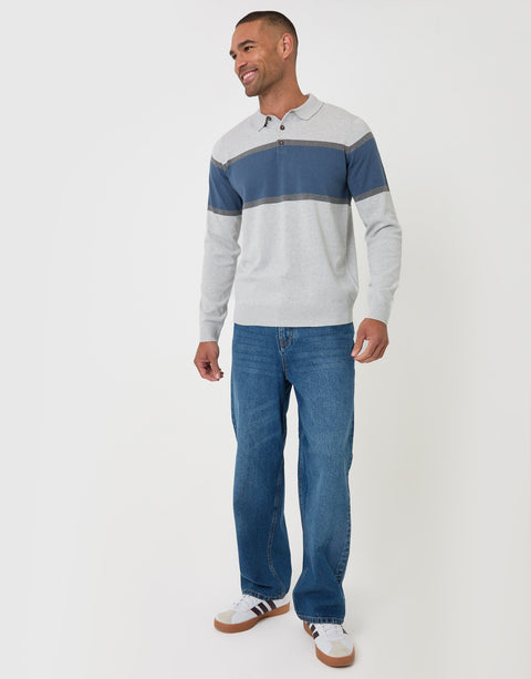 Threadbare Boxy Fit Cotton Rich Rugby Polo in Grey & Blue Stripe - full body