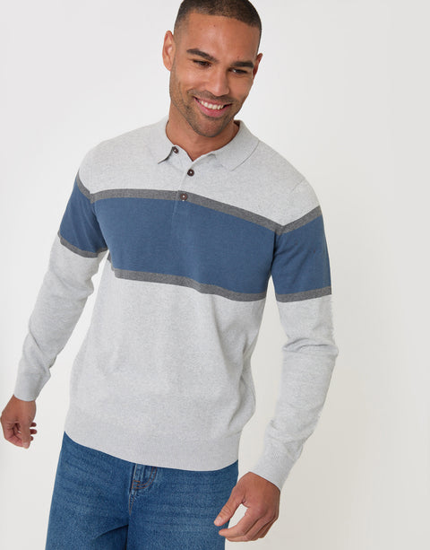 Threadbare Boxy Fit Cotton Rich Rugby Polo in Grey & Blue Stripe - front view