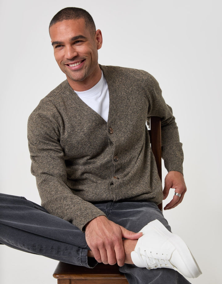 Threadbare Jersey Stitch Button Up Cardigan in Taupe - sat down