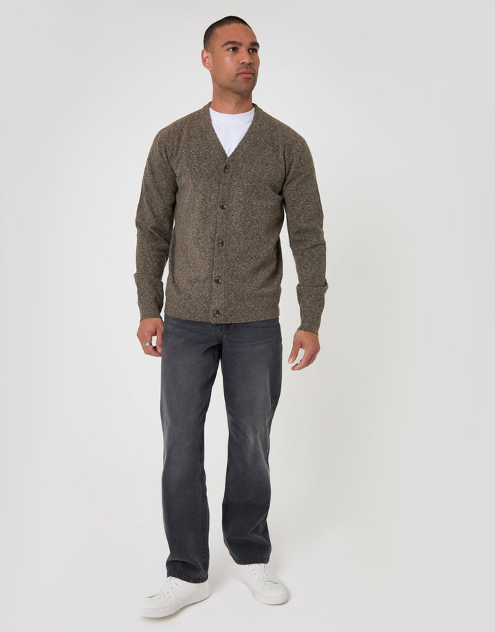 Threadbare Jersey Stitch Button Up Cardigan in Taupe - full body