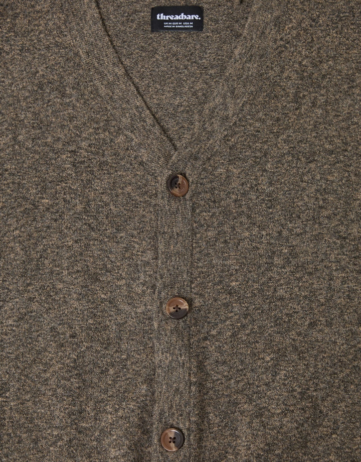 Threadbare Jersey Stitch Button Up Cardigan in Taupe - detail
