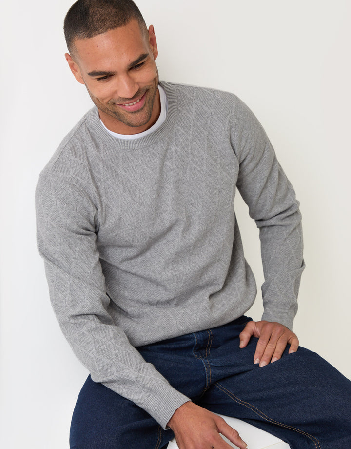 Threadbare Diamond Textured Crew Neck Jumper in Grey Marl - sat down