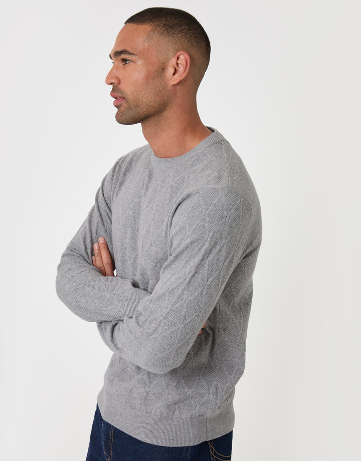 Threadbare Diamond Textured Crew Neck Jumper in Grey Marl - side view