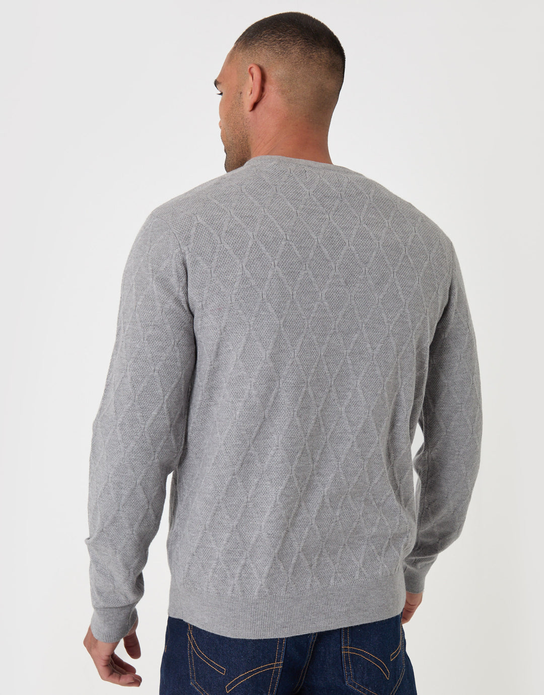 Threadbare Diamond Textured Crew Neck Jumper in Grey Marl - back view