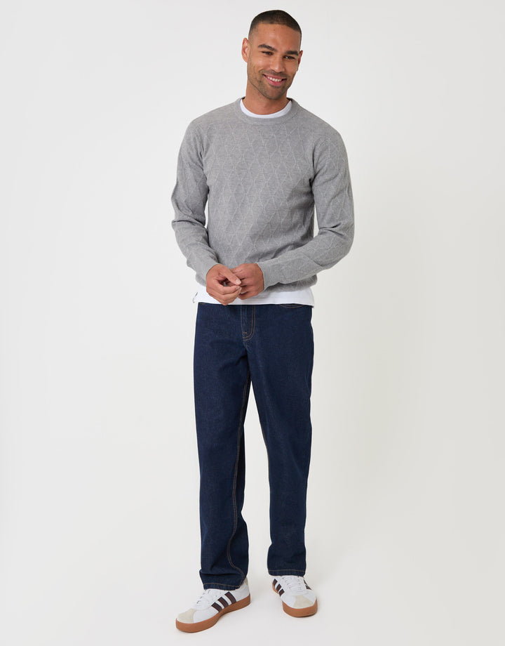 Threadbare Diamond Textured Crew Neck Jumper in Grey Marl - full body