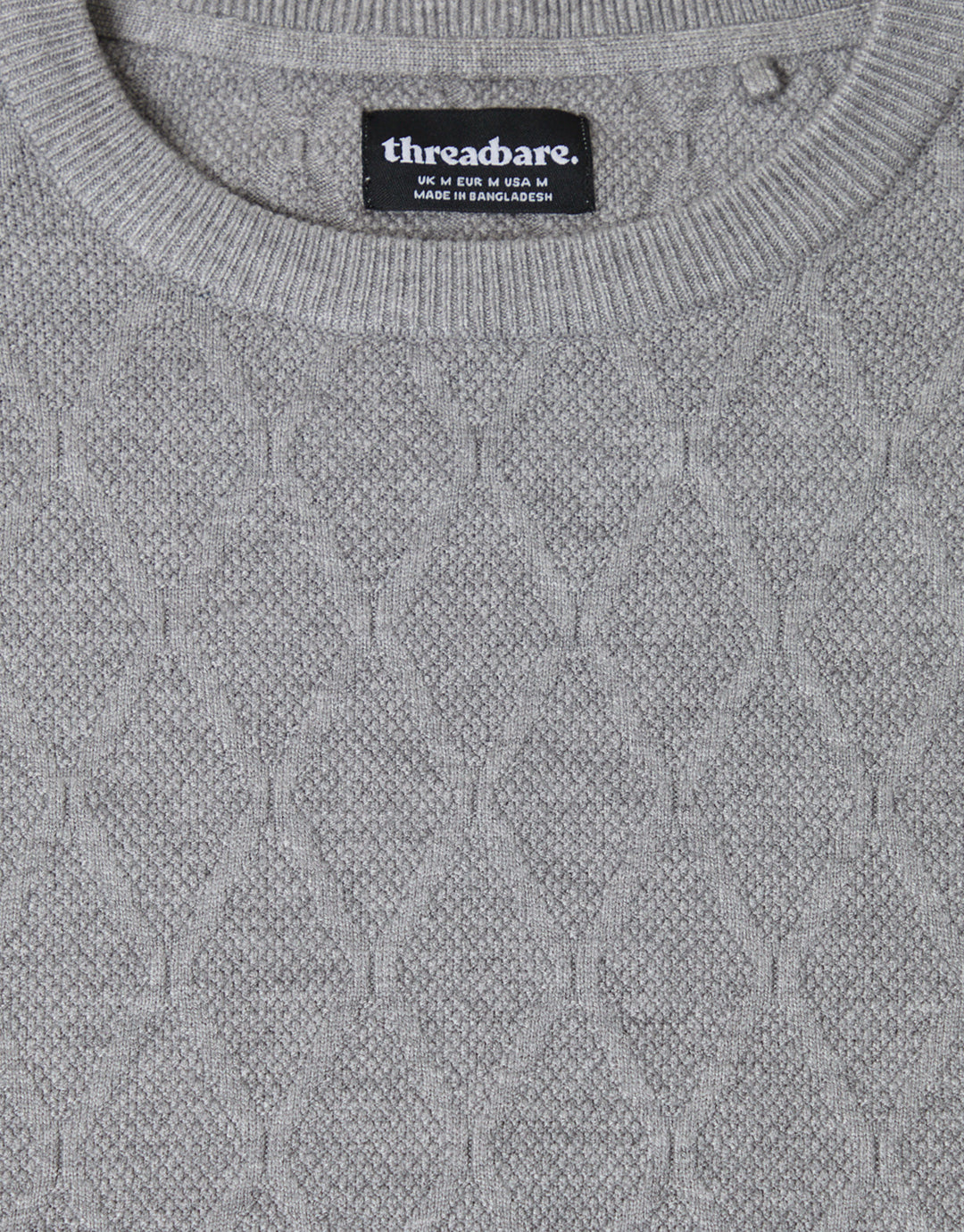 Threadbare Diamond Textured Crew Neck Jumper in Grey Marl - detail