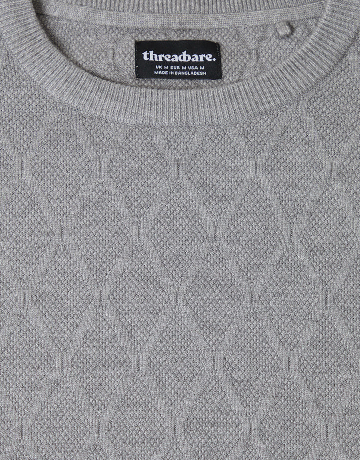 Threadbare Diamond Textured Crew Neck Jumper in Grey Marl - detail