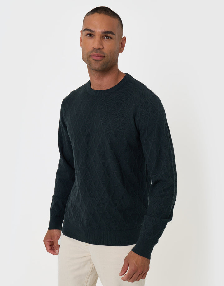 Threadbare Diamond Textured Crew Neck Jumper in Green - front view