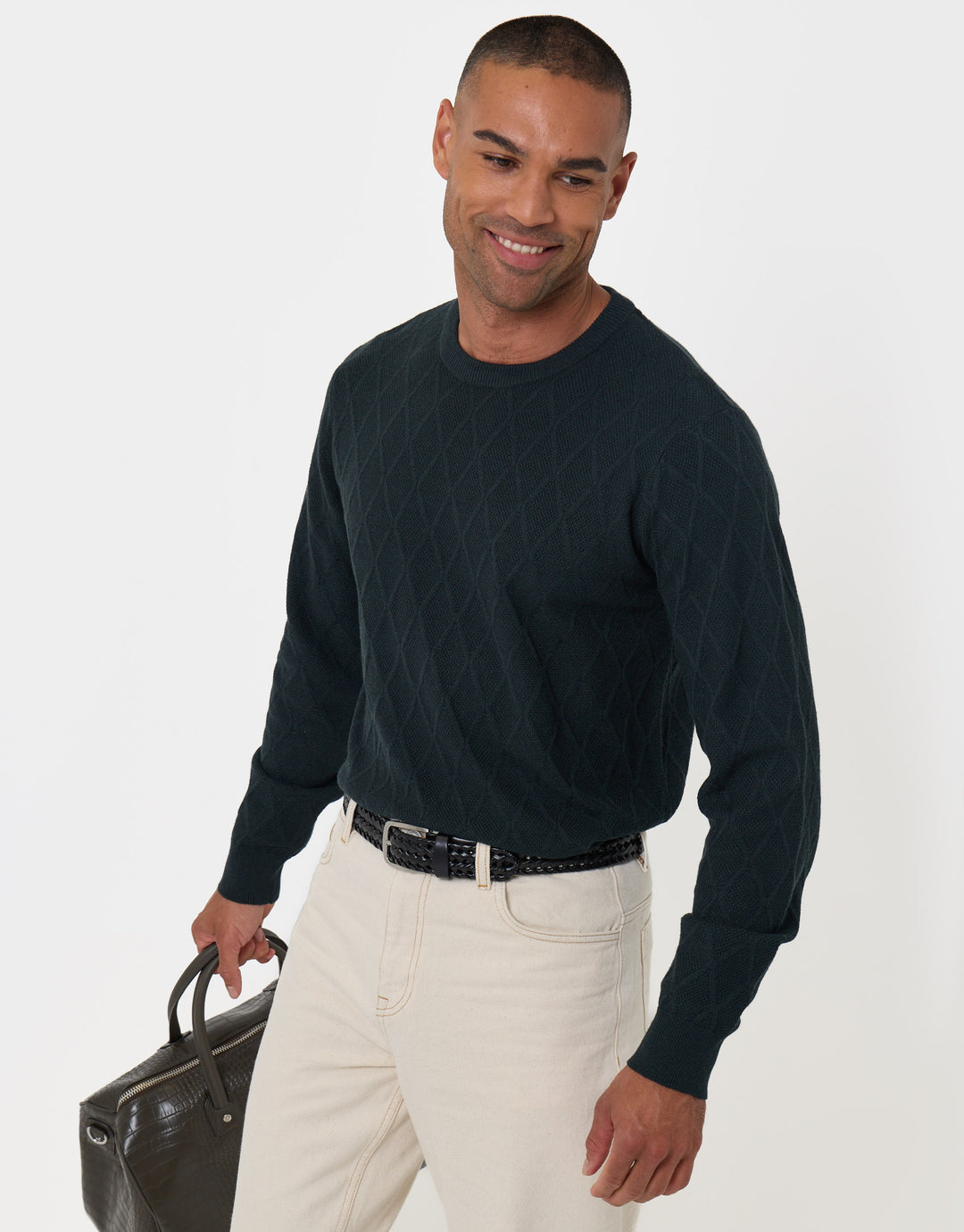 Threadbare Diamond Textured Crew Neck Jumper in Green - bag pose