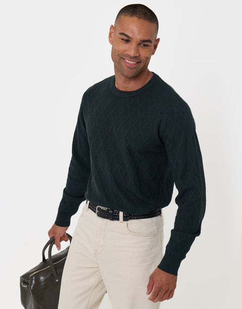 Threadbare Diamond Textured Crew Neck Jumper in Green - bag pose