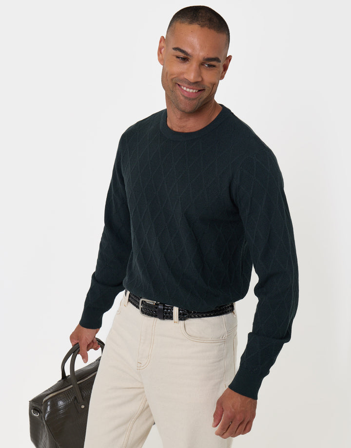 Threadbare Diamond Textured Crew Neck Jumper in Green - bag pose