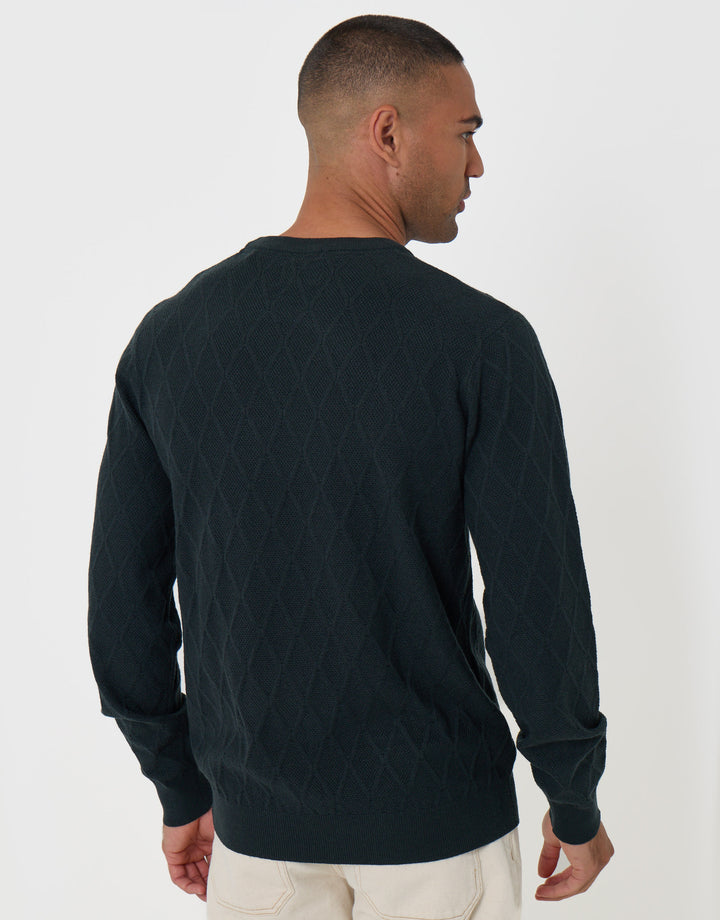 Threadbare Diamond Textured Crew Neck Jumper in Green - back view