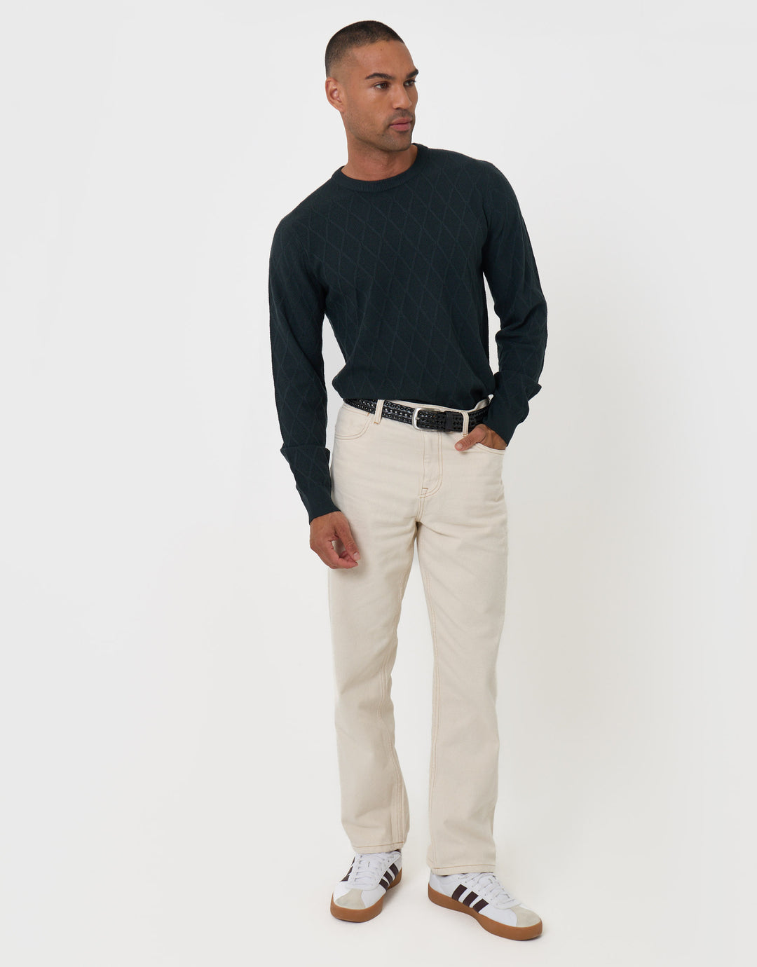 Threadbare Diamond Textured Crew Neck Jumper in Green - full body