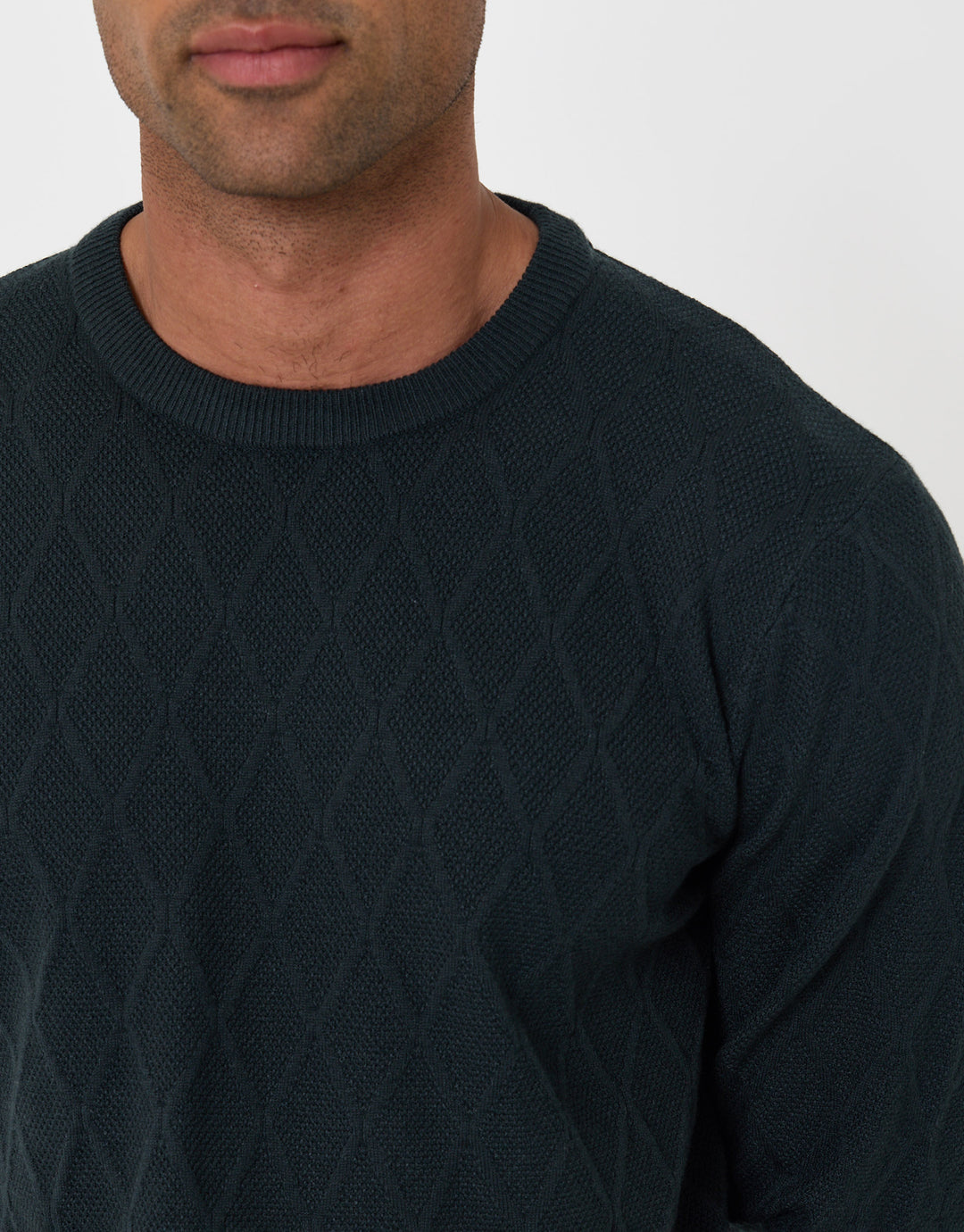 Threadbare Diamond Textured Crew Neck Jumper in Green - close up