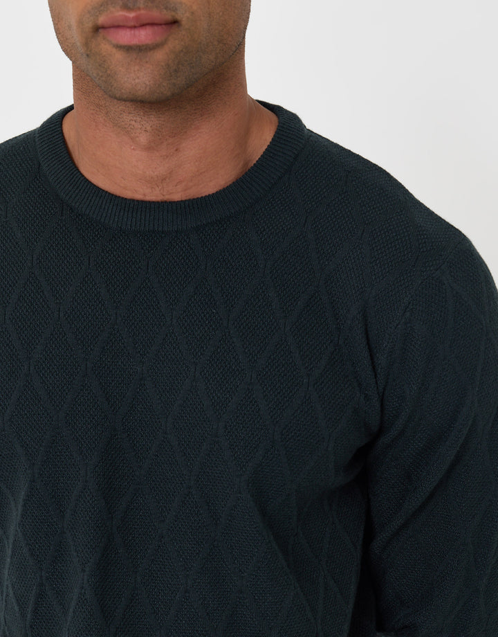Threadbare Diamond Textured Crew Neck Jumper in Green - close up