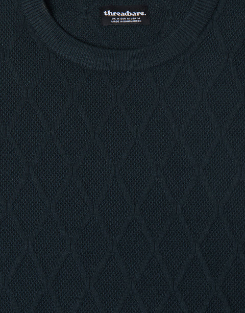 Threadbare Diamond Textured Crew Neck Jumper in Green - detail