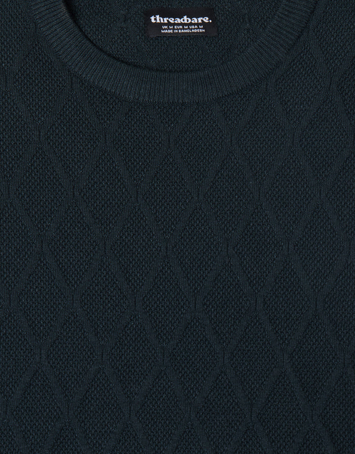 Threadbare Diamond Textured Crew Neck Jumper in Green - detail